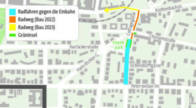 So soll der Radweg Krottenbachstraße aussehen, wenn die ersten Bauabschnitte fertig sind. | Foto: APA, Grafik: VHB