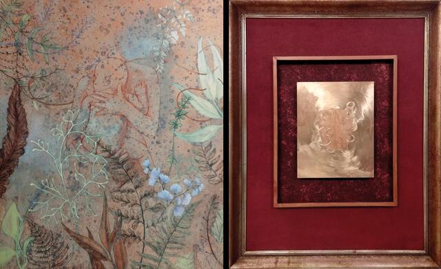 Links: O.T. 120 x 100 cm Acryl/ÖL/Stifte 2023. Rechts: Penetratio II Kupfer/geritzt/graviert 88x69 cm 2023 | Foto: Waltenberger