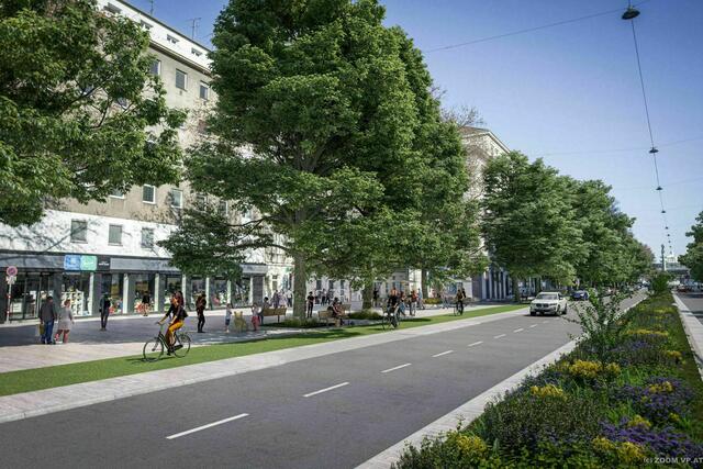 Mehr Platz für Radelnde und viel Grün: Mit der Sanierung der Praterstraße gehen viele Erneuerungen einher. Die Bauarbeiten sollen im Sommer 2023 starten.  | Foto: Zoom_MVP (Visualisierung)