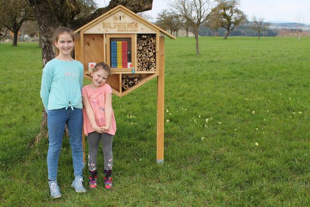 Schwestern Franziska und Charly vor dem Wildbienen-Hotel in Gallspach. | Foto: BRS/Moser