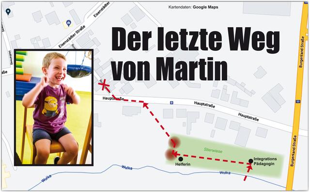 Die rote Linie zeigt in groben Zügen den letzten Weg des fünfjährigen Martins. | Foto: Privat. Kartendaten: Google Maps