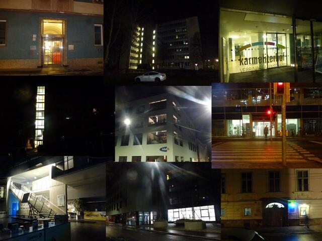 Earth Hour 2023 in der Ökostadt Graz. 
Leider kein Interesse zwischen zwischen 20:30 und 21:30 das Licht auszuschalten- zeigten auch 2023 viele öffentliche Einrichtungen in Graz. 
Bei dieser Bildzusammenstellung sind 7 Einrichtungen ersichtlich, die auch leider während dieser Zeit auf Stromverschwendung setzten...