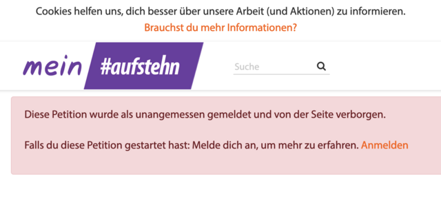 Die erste Online-Petition zu diesem Thema wurde von der Seite verborgen. | Foto: mein.aufstehn.at (Screenshot)