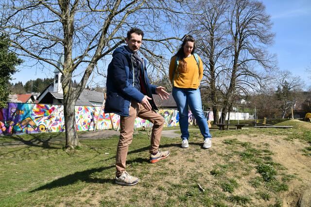 Joseph Hofmarcher und Alice Obermann im Scheibbser Töpperpark: Hier fühlen sich die Wildbienen wohl, weil sie offene Bodenflächen benötigen. | Foto: Roland Mayr