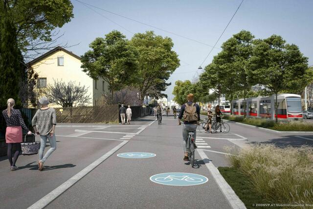 Ein breiter Zweirichtungsradweg soll auf der Erzherzog-Karl-Straße im 22. Bezirk für mehr Radfahrende sorgen.  | Foto: zoommvp.at/Mobilitätsagentur Wien