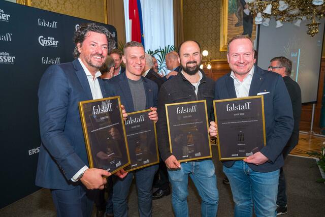 Bundesland-Sieger unter sich (v.l.): Thomas Dorfer (Landhaus Bacher, NÖ), Benjamin Parth (Gourmetrestaurant Stüva, Tirol), Lukas Nagl (Bootshaus, OÖ) und Hubert Wallner (Gourmet Restaurant Hubert Wallner, Kärnten).