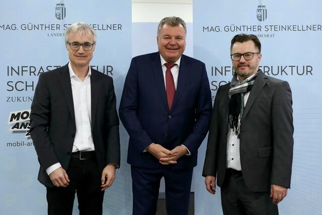 Christian Dick (Leiter der Abteilung Straßenneubau und -erhaltung), Infrastruktur-Landesrat Günther Steinkellner, Stefan Dobler (Leiter der Abteilung Brücken- und Tunnelbau) erläutern die heurigen Maßnahmen des Straßen-, Brücken- und Tunnelinfrastrukturprogramms.
| Foto: Land OÖ/Daniel Kauder