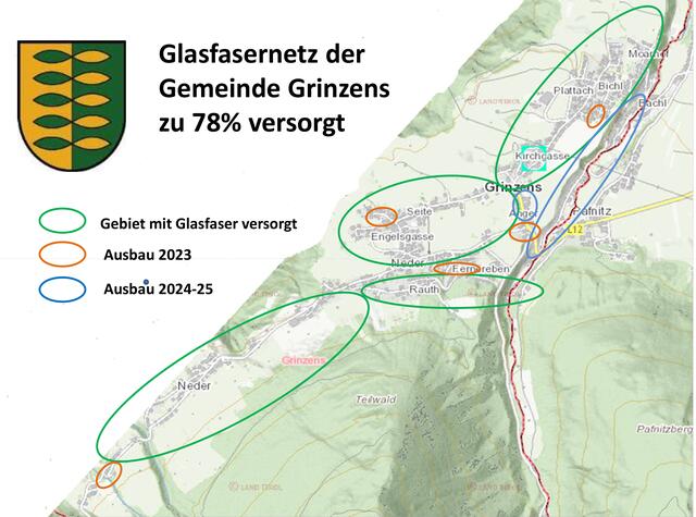 So schaut's aus: Die grün eingekreisten Ortsteile sind versorgt, orange sind einige Teilbereiche markiert, die in nächster Zeit ausgebaut werden – und blau ist nur mehr der Ortsteil Bachl. | Foto: Gemeinde Grinzens