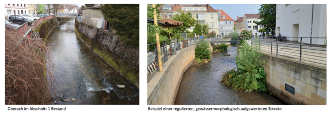Links die Oberach, rechts das Beispiel einer gewässermorphologisch aufgewerteten Strecke. | Foto: ILA - Ingenieurbüro, Braunau Inh. Martin Brückner
