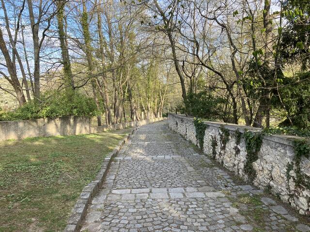 Hier, neben dem gepflasterten Fußweg, sollen die Parkplätze errichtet und durch eine Zufahrtsstraße von der Hauptstraße her erschlossen werden.