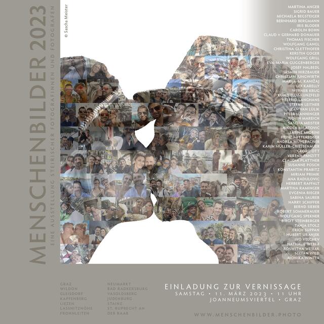 Die Freiluft-Ausstellung "Menschenbilder" ist ab 11. Mai wieder am Hauptplatz Kapfenberg zu sehen. In dieses Kussbild hat Meister 77 Selfies, die in den letzten vier Jahren entstanden sind, einfließen lassen. | Foto: Meister