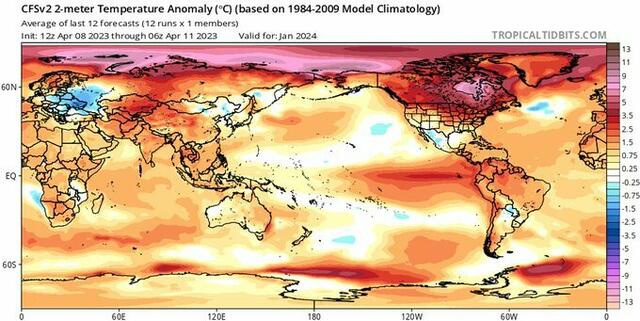 Dramatische Temperatur Anomalie für Januar 2024 durch einen starken El Nino | Foto: Tropicaltidbits.com