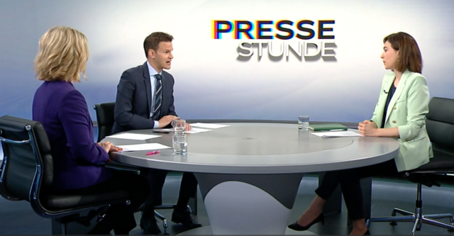Justizministerin Alma Zadić (Grüne, rechts) in der ORF Pressestunde am Sonntagvormittag. | Foto: ORF/Screenshot