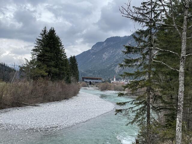 Der Blick von der Behelfsbrücke hinunter zum Naturparkhaus, das derzeit verwaist im Lech steht. | Foto: Reichel