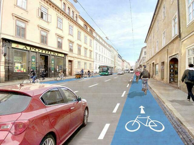 Nicht bei jedem stoßen die geplanten Radwege auf der Heinrichstraße zwischen Geidorfplatz und Geidorfgürtel auf Gegenliebe. Zur heutigen Infoveranstaltung wird zum Widerstand aufgerufen. | Foto: Artgineering