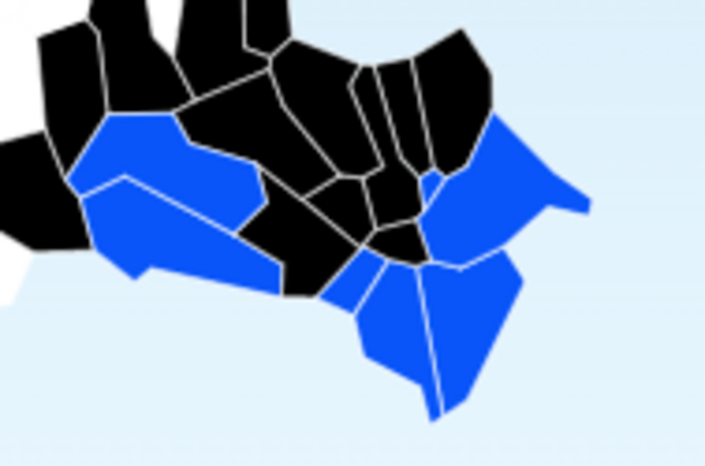 Die Färbung der Gemeinden des Lungau, wo sich die FPÖ (blau) und die ÖVP (schwarz) die ersten Plätze aufteilen.  | Foto: Screenshot auf MeinBezirk.at/5994132 / Quelle: Land Salzburg