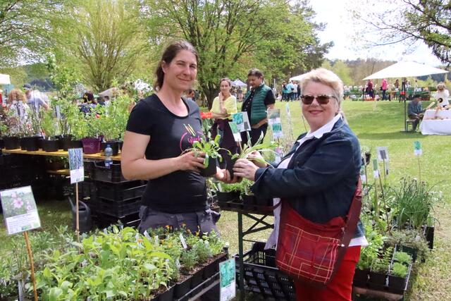 Julia Wolf (links) vom gleichnamigen Biohof aus Wörterberg hielt eine fast unübersehbare Vielfalt an Gemüse- und Kräuterpflanzen für ihre Kundschaft bereit. | Foto: Martin Wurglits