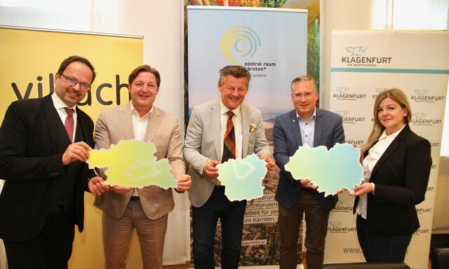 Eric Kirschner (Joanneum Research), Günther Albel (Zentralraum Ratspräsident/Bg. Villach), Bgm. Christian Scheider (Stv. Zentralraum Ratspräsident), St. Veits Bürgermeister Martin Kulmer (Vorstand Zentralraum) und Doris Posch (GF Zentralraum Kärnten)