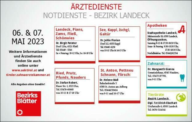 Notdienste im Bezirk Landeck für Samstag, 06. Mai und Sonntag, 07. Mai. | Foto: BezirksBlätter Landeck