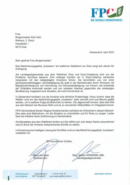 Mit diesem Schreiben wandte sich die FPÖ im April an die Grazer Stadtregierung. | Foto: FPÖ Steiermark