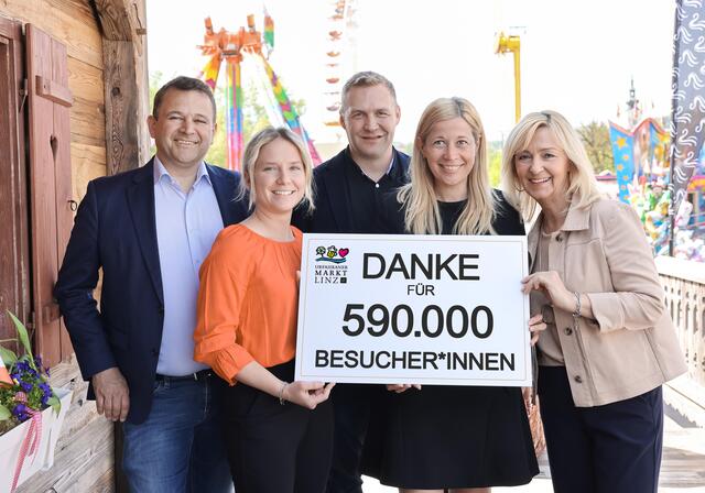 V.l.n.r.: Peter Ilchmann (Direktor Gebäudemanagement und Tiefbau), Sarah Horwath (Abteilungsleiterin Marktmanagement und Tourismus), Hannes Krawinkler (Prokurist Messe Linz Management GmbH), Doris Lang-Mayerhofer (ÖVP), Manuela Damm (Bereichsleiterin Marktmanagement und Tourismus). | Foto: ARGE Urfahranermarkt - Michael Dworschak