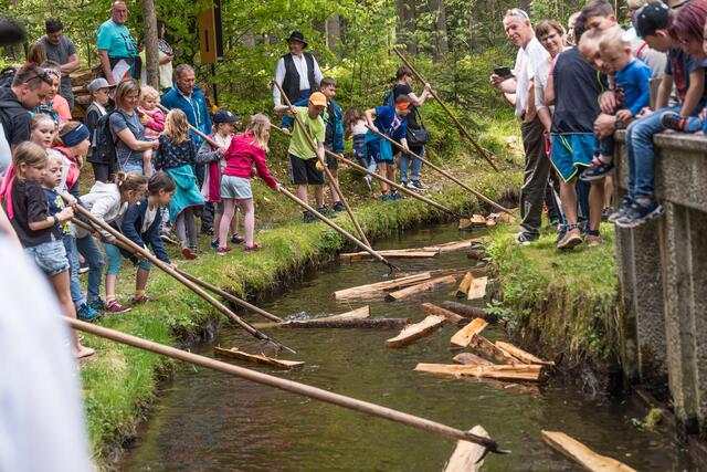 Kinder durften bei einer Holzschwemme beim Fest selber die Hauptrolle als Schwemmer übernehmen. | Foto: Alfred Hofer