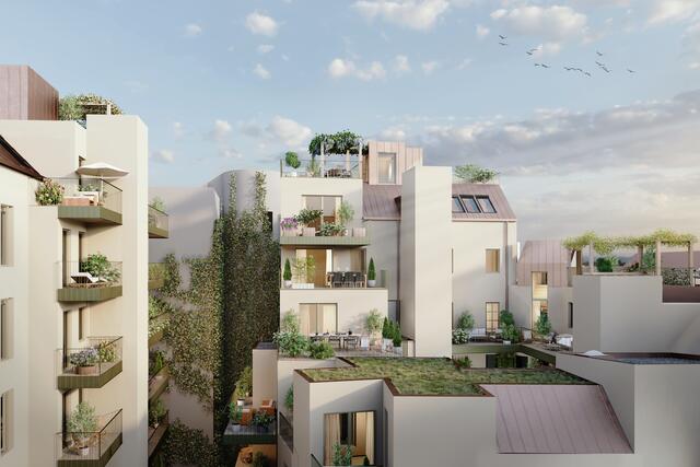 Mitten auf der oberen Wieden entsteht ein Gigang von einem Gebäude. Das Quartier Starhemberg soll 75 luxuriöse Wohnungen sowie Büroräumlichkeiten beherbergen.  | Foto: archaic by LAUBlab