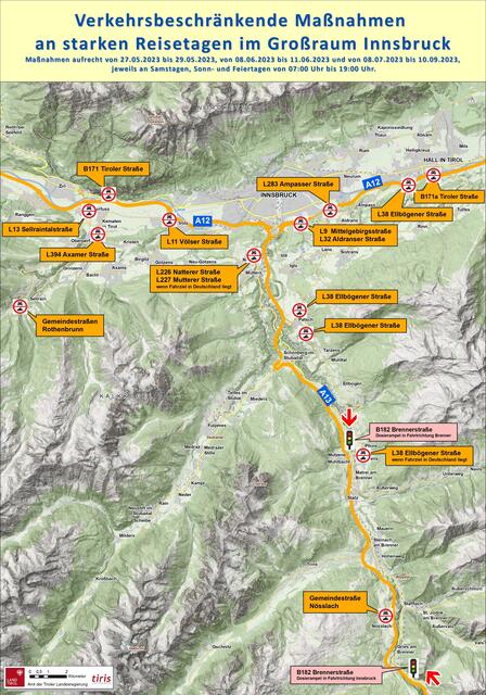 Karte für Fahrverbote im Großraum Innsbruck für den Sommer 2023. | Foto: © Land Tirol