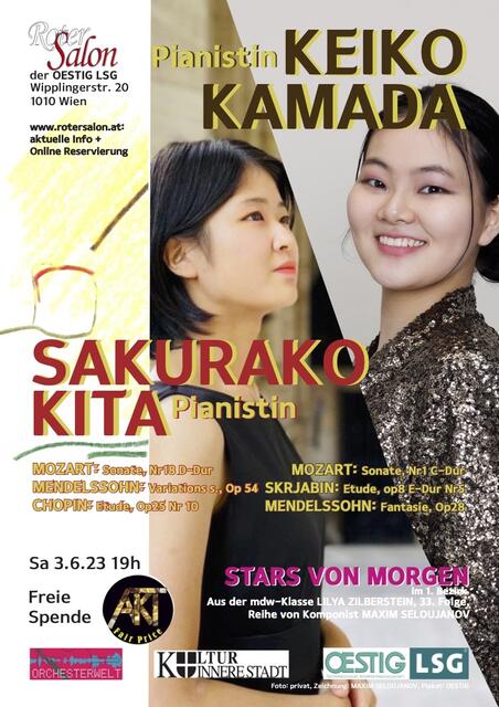 Gespür für Mozart und Mendelssohn: Sakurako Kita und Keiko Kamada.  | Foto: © Zeichnung: Maxim Seloujanov, Foto: privat, Plakat: OESTIG 