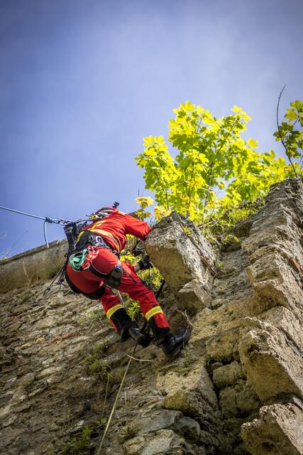Höhenretter der Freiwilligen Feuerwehren Hartkirchen und Alkoven befreiten am 19. Mai 2023 die Ruine Schaunburg im Auftrag der Bezirkshauptmannschaft Eferding von größeren Gewächsen, um das Aufsprengen des Mauerwerkes zu verhindern. | Foto: Hermann Kollinger
