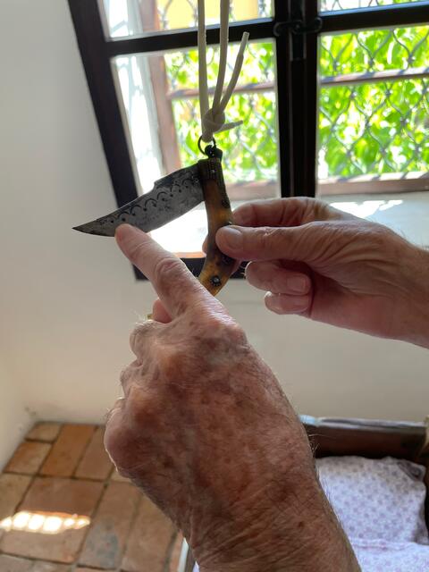 Das Trudenmesser hatte einen gamshörnernen Griff und im oberen Klingenrand waren häufig Christusmonogramm, drei Fledermäuse, neun Monde oder neun Kreuzchen eingraviert. Es wurde über der Wiege befestigt. | Foto: Michelle Bichler