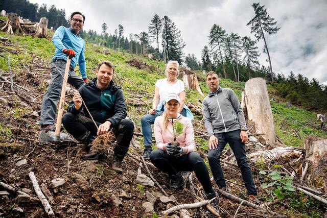 Werner Panhauser, Vorstand Vertrieb &amp; Marketing bei Helvetia, Bernhard Pfandl-Albel, Betriebsleiter Stellvertreter der Forstbetriebe Kärnten-Lungau, Angelika Hinteregger, Vizebürgermeisterin von Spittal/Drau, Helvetia-Skiteam-Mitglied Niki Hosp, Stefan Piechl, Sektionsleiter der Wildbach- und Lawinenverbauung Kärnten. | Foto: roastmedia