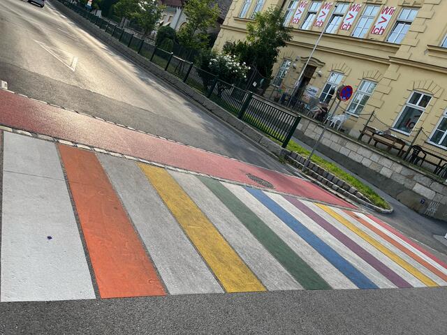 Durch das Bemalen des Zebrastreifens an der Kreuzung auf der St. Rochus Straße in Eisenstadt wird Solidarität gegenüber des alljährigen weltweiten Pride Month und der LGBTQI+ - Community zum Ausdruck gebracht,