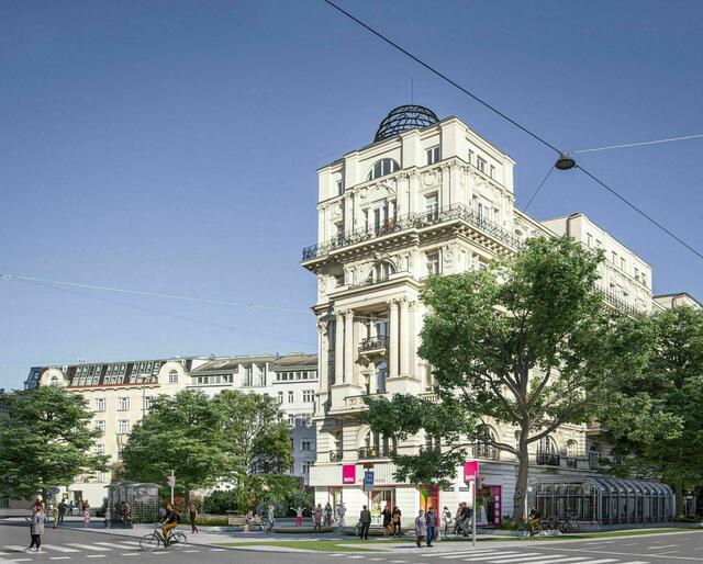 Entsiegelung, Begrünung, mehr Bäume und Wasserelemente: Auch der Nestroyplatz soll aufgewertet werden. | Foto: ZOOMVP/Mobag (Visualisierung)