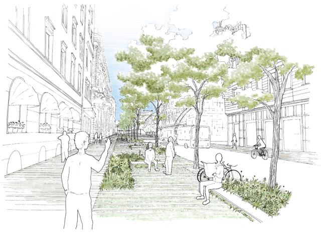 Im Zuge der S-Link-Bauarbeiten soll auch die Rainerstraße in der Stadt Salzburg neu gestaltet werden. Bäume und Sitzgelegenheiten sollen den Menschen eine neue Aufenthaltsqualität bieten.  | Foto: S-LINK