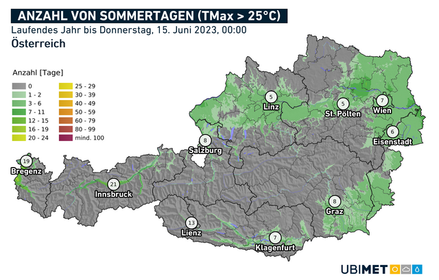 Anzahl Sommertage 2023: Analyse der bisherigen Anzahl von Sommertagen in diesem Jahr bis inklusive gestern. | Foto: Ubimet