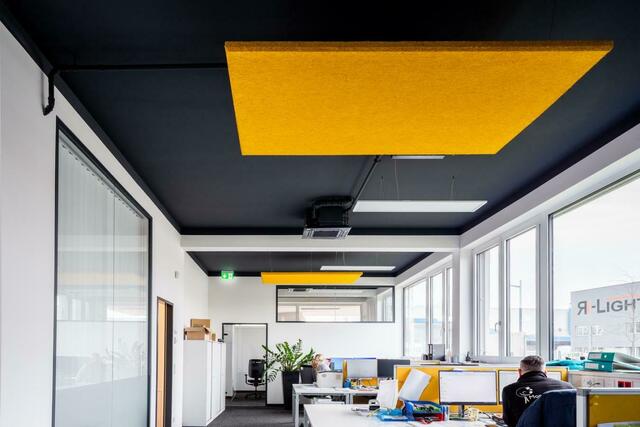 Hanf-Akustikplatten an Wand und Decke in einem Wiener Büro. | Foto: Synthesa