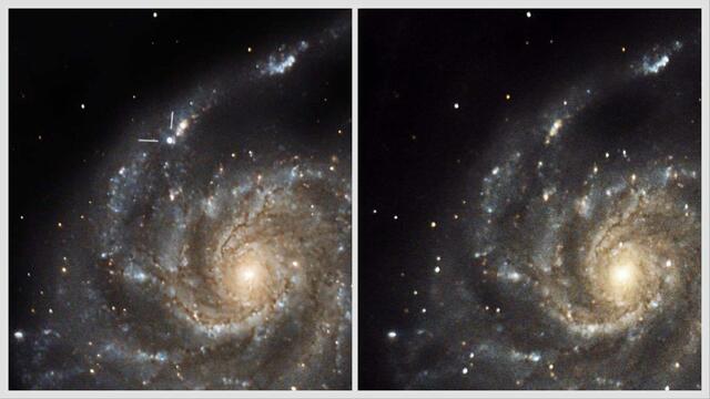 Links die Supernova in der Feuerradgalaxie, rechts vor der Explosion | Foto: Günter Kleinschuster