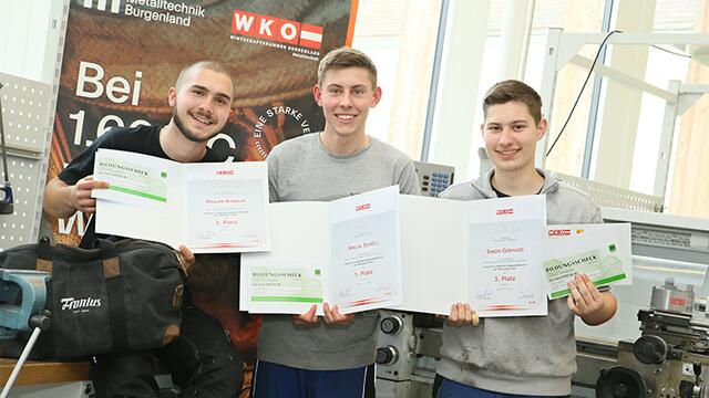Philipp Kabelik (Metallbau Dorner, Deutschkreutz), Niklas Schöll und Simon Gebhart (beide Werfring GmbH, Marz) sind die drei Gewinner des Wettbewerbes. | Foto: WKB / LEXI
