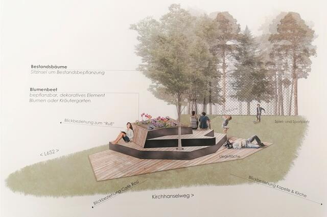 Von der hölzernen Sitzinsel mit Blumenbeet und altem Baumbestand am Kirchhanselweg kann man zum Schulstüberl und zur Kirche sehen. | Foto: Bramberger