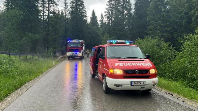 Unwetterbedingt musste die Freiwillige Feuerwehr Tamsweg am 21. Juni 2023 ausrücken. Grund der Alarmierung: Ein umgestürzter Baum auf der Prebersee-Landesstraße. | Foto: Freiwillige Feuerwehr Tamsweg