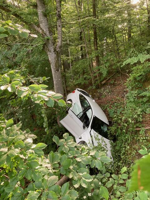 In Hof kam es an 22. Juni 2023 zu einem Verkehrsunfall, bei dem ein Auto (Pkw) auf der Wolfgangsee Straße von Fuschl kommend, im Bereich von Baderluck, über eine Waldböschung rund 60 Meter in die Tiefe stürzte. Die Polizei Salzburg berichtete darüber. | Foto: Polizei Salzburg