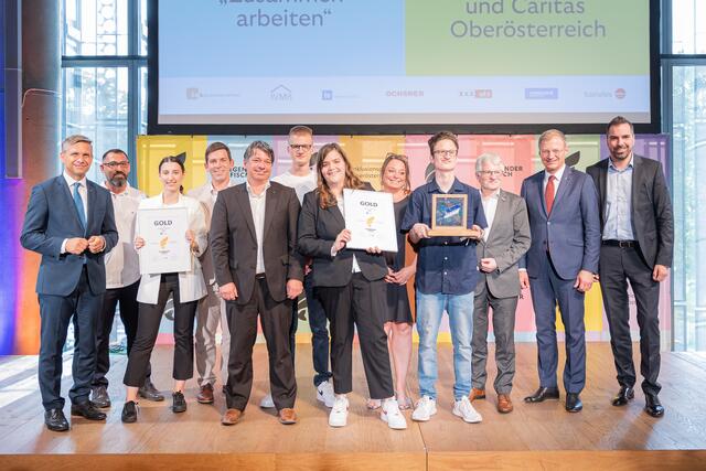 Kategorie:  Zusammen arbeiten – Gold: TRUMPF Maschinen und Caritas Oberösterreich
LR Wolfgang Hattmannsdorfer, Nihat Ari, Tatjana Bozunovic, Jochen Jobst, Gerald Ranzinger, Djelza Daljipi (Dame mit Urkunde), Katharina Hinterhölzl, Franz Kehrer (3. v. rechts, Direktor Caritas), LH Thomas Stelzer, GF Karl Ochsner. | Foto: Land OÖ/Antonio Bayer