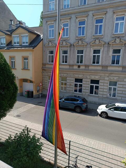 Die Regenbogenfahne des Gymnasiums Geblergasse wurde gestohlen. | Foto: GRG17