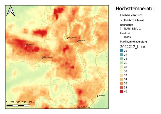 Diese Karte des Leobener Stadtgebietes zeigt, wo sich lokale Hitzeinseln befinden: Rot und damit mit einer Höchsttemperatur von rund 40 Grad ist etwa der Bereich rund um die Voestalpine Leoben-Donawitz zu erkennen, aber auch der Leobener Hauptplatz heizt sich im Sommer besonders auf. | Foto: Joanneum Research