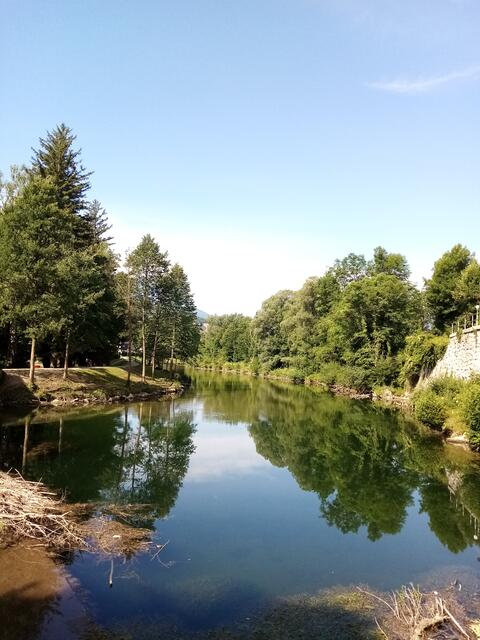 Oberhalb der Wehr ist das Wasser spiegelglatt und etwas tiefer