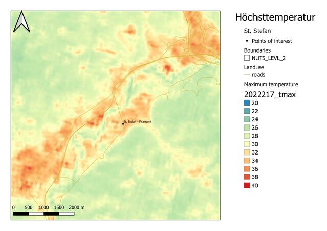 In St. Stefan ob Leoben gibt es nur vereinzelt kleine Flächen, die dunkelorange bis rot sind. Deutlich sind die kühlen Waldgebiete und der Flussverlauf zu erkennen. | Foto: Joanneum Research