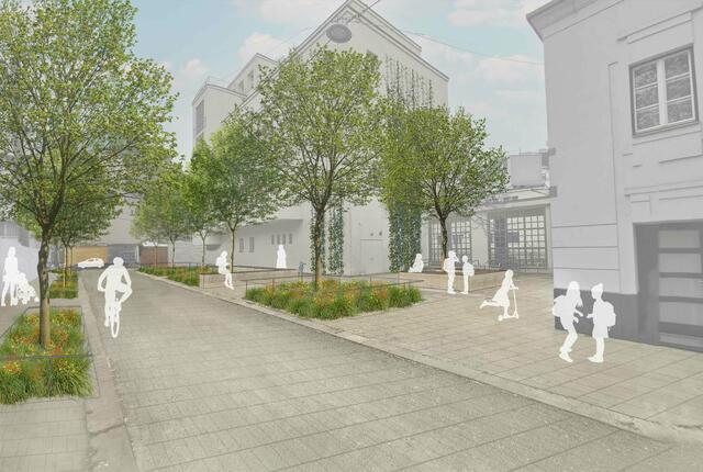So könnte der Vorplatz der NMS Schäffergasse laut einer Machbarkeitsstudie nach der Umgestaltung aussehen.  | Foto: Rendering: zwoPK