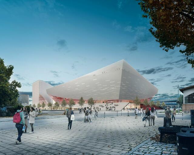 So sieht der Entwurf für die neue Halle aus. Zur Orientierung: Rechts sieht man noch ein Stückchen der Marxhalle. | Foto: Architekten Kronaus_Mitterer_Gallister
