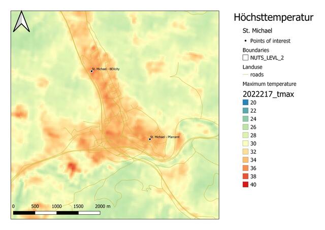 Die Hitzeinselkarte von St. Michael: Auch hier zeigt sich klar: Grünflächen, insbesondere Wälder, sind an heißen Tagen kühle Orte. | Foto: Joanneum Research
